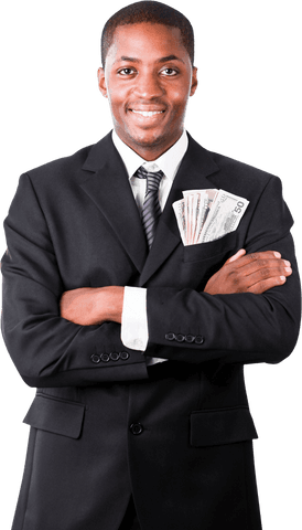 Confident Black Businessman with Dollar Bills in Suit Pocket Transparent Background