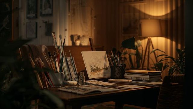 Cozy home art workspace with watercolor on easel, brushes, sketchbooks and warm lamp light