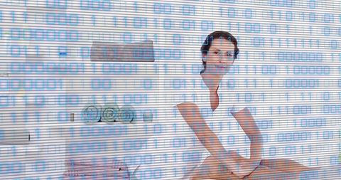 Woman Practicing Mindfulness in Minimalist Home Interior with Digital Binary Overlay