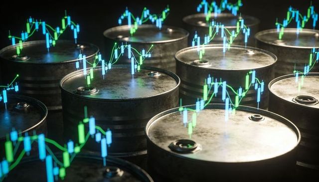 Industrial oil barrels projecting holographic candlestick and line market charts