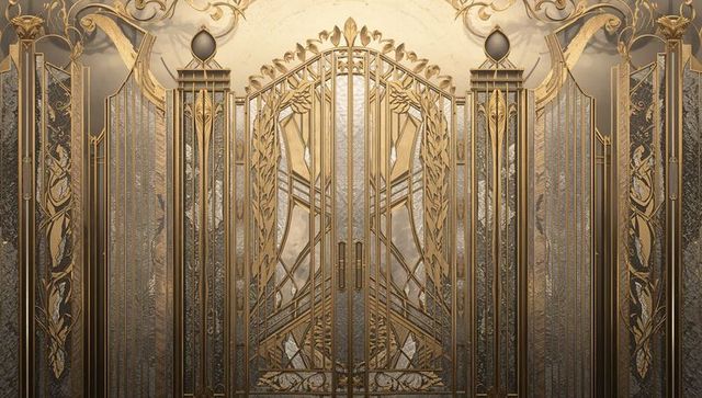 Ornate Double Metal Gate with Filigree and Laurel Wreath Motifs