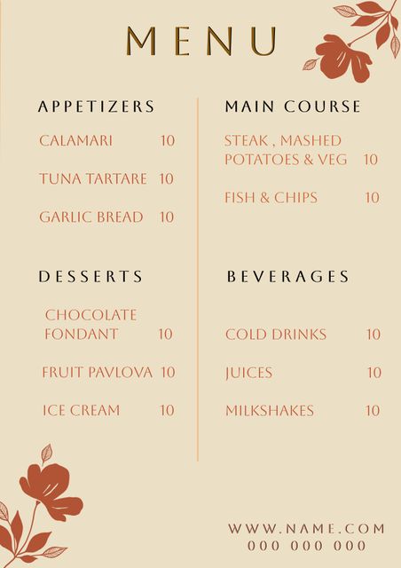 This elegant restaurant menu features a minimalistic floral design. Items are categorized into appetizers, main courses, desserts, and beverages, each with uniform pricing. Ideal for upscale dining establishments, cafes, or event catering. They can use this template for either physical printed menus or digital displays to enhance customer experience.