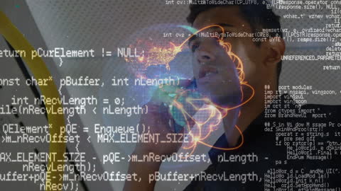 Businessman Analyzing Data with Code and Technology Interface Overlay