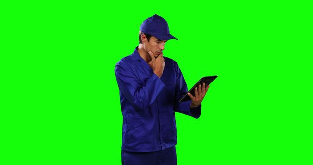 Delivery Worker Checking Tablet Against Green Screen - Download Free Stock Images Pikwizard.com