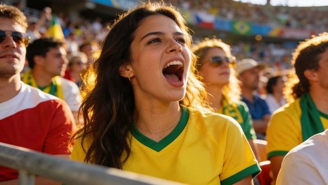 Passionate female fan cheering at football match wearing yellow and green brazil jersey