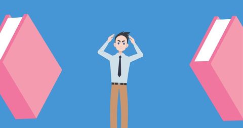 Animated Man Engaging with Floating Books on Blue Background