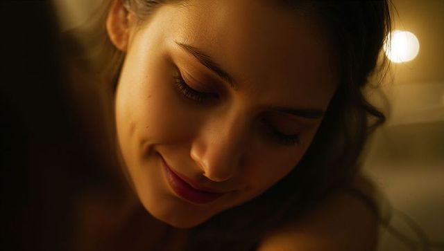 Smiling woman closing eyes, tilting head in warm bedroom glow, intimate closeup portrait
