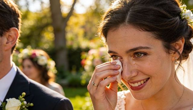 Emotional bride dabbing tears with tissue during outdoor golden hour wedding ceremony