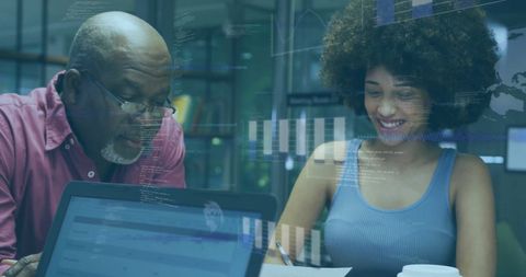 Financial data processing overlay diverse team working together