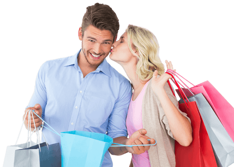 Smiling Couple with Shopping Bags and Transparent Background