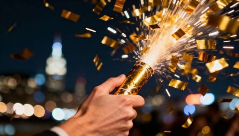 Hand firing gold confetti popper with sparks over blurred urban night skyline celebration