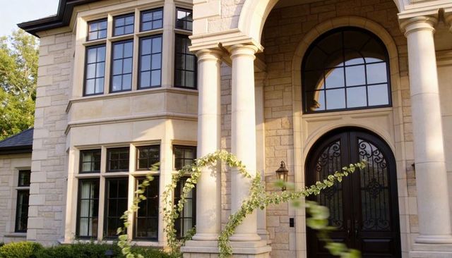 Elegant limestone manor front entryway with arched iron door and fluted columns