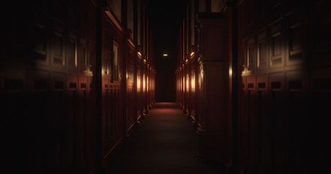 Dark wood paneled corridor with mysterious ambiance