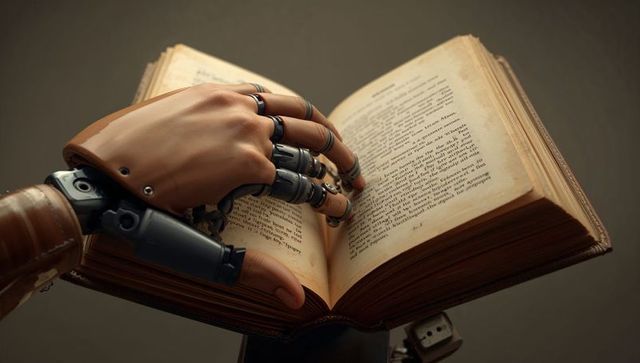 Prosthetic hand turning pages of antique book