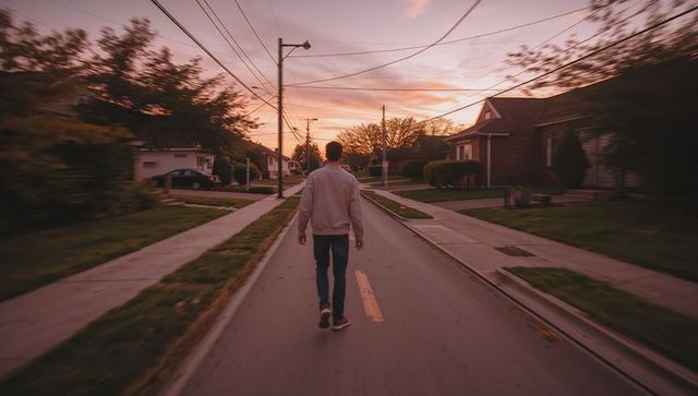Man walking into sunset along quiet suburban street with warm glow and power lines