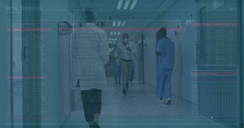 Doctor Sprinting in Hospital with Futuristic Data Overlays
