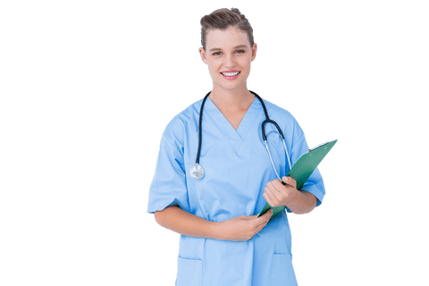 Smiling nurse in blue scrubs holding clipboard transparent background