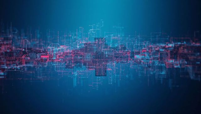 Futuristic cyber network with glowing nodes and panels