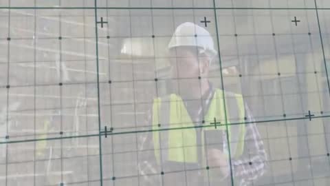 Warehouse Worker Analyzing Environment with Digital Overlay