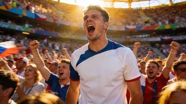 Triumphant soccer fan shouting in packed stadium at golden hour, flag-waving crowd energy