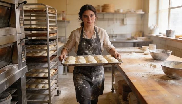 Female baker carrying tray of dough rolls in rustic sunlit bakery for artisan bread production