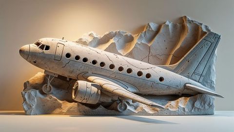 Impressive stone carving of plane crash emerging from rock in gallery