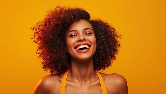 Radiant smiling woman with curly hair on vibrant orange background, cheerful portrait