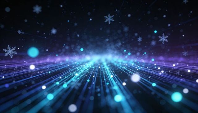 Digital Neon Snowflake Horizon with Converging Light Grid, Bokeh Trails and Glowing Pathway