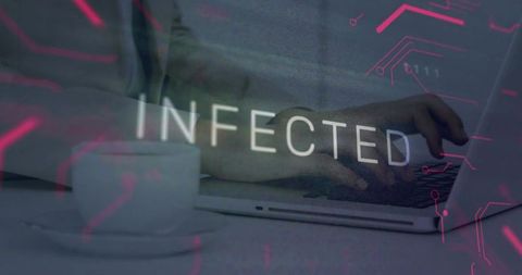 Typing hands on laptop showing INFECTED warning with magenta circuitry overlay for cybersecurity
