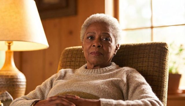 Senior woman sitting in armchair gazing out window in cozy living room, contemplative, warm lighting