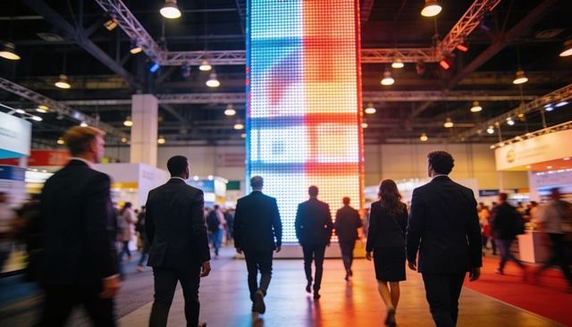 Business delegation walking toward illuminated led-lit tower at trade expo for networking