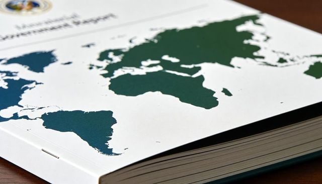 Stapled international report featuring teal world map and embossed emblem on wooden desk