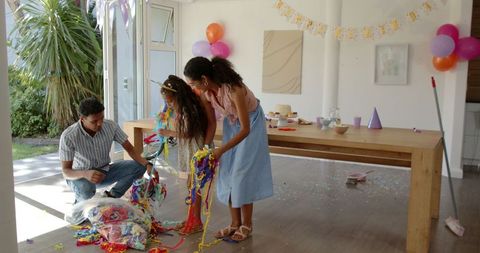 Family cleaning party decorations at home