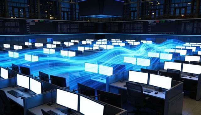 Streaming Data Wave Moving Through Neon-Lit Trading Floor With Array of Glowing Monitors