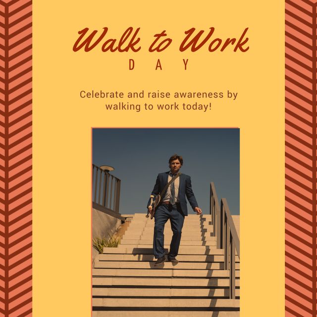 Walk to Work Day Poster with Businessman Walking on Stairs - Download Free Stock Templates Pikwizard.com