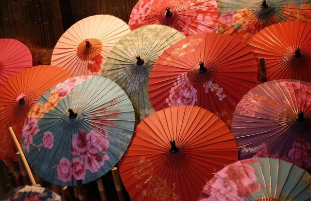 Collection of traditional Japanese umbrellas featuring vibrant floral patterns, perfect for cultural festivals, decoration, or as thematic elements in design projects. Ideal for use in articles about Japanese culture, travel, art, and traditional crafts.