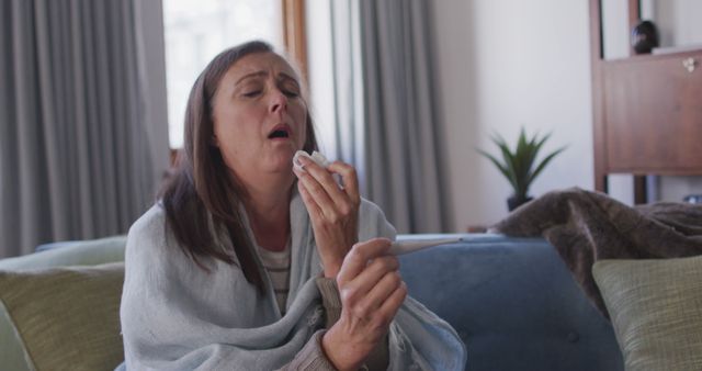 Sick Woman Coughing on Couch with Thermometer - Download Free Stock Images Pikwizard.com