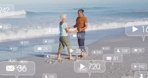 Senior Couple Admiring Sea with Social Media Integration