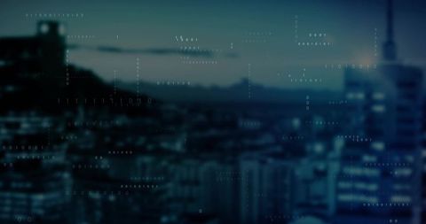 Digital code cascading over twilight city skyline