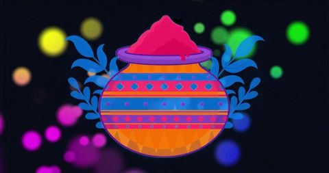 Celebrating holi with vibrant geometric pot holding magenta powder and blue leaves