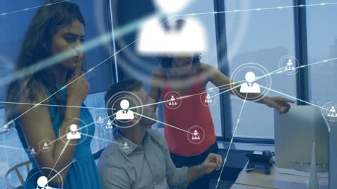 Business Team Engaging with Virtual Network Holograms