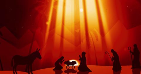 Atmospheric illustration of a nativity scene featuring silhouettes under a vibrant sunset with radiant beams. Perfect for Christmas cards, religious publications, holiday invitations, and backgrounds for Christian-themed decorations.