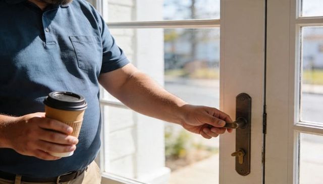 Casual man opening sunlit glass front door while holding takeaway coffee and turning brass latch