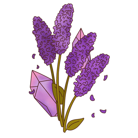 Floating lavender stems with crystals on transparent background