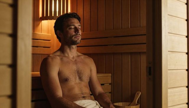 Shirtless man relaxing in cedar sauna with towel, bucket and ladle warm amber glow