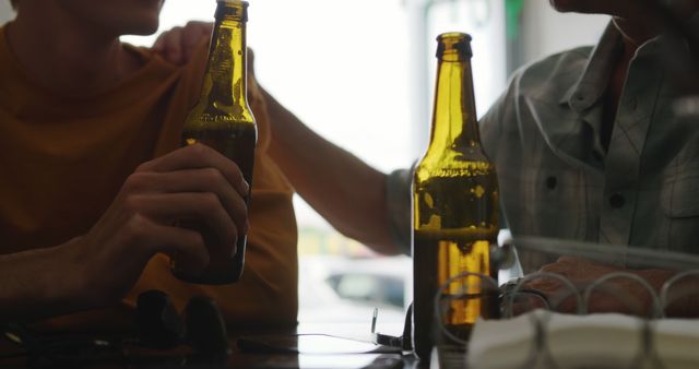 Midsection of senior caucasian father and adult son drinking bottles of beer together at bar - Download Free Stock Photos Pikwizard.com
