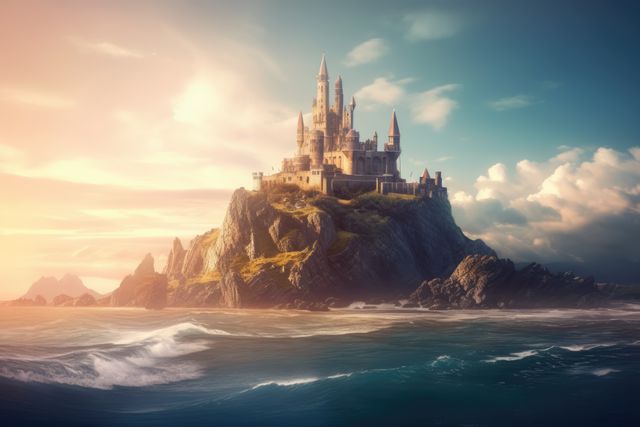 Celestial sky over castle on rocky and green island in sea, created using generative ai technology - Download Free Stock Photos Pikwizard.com
