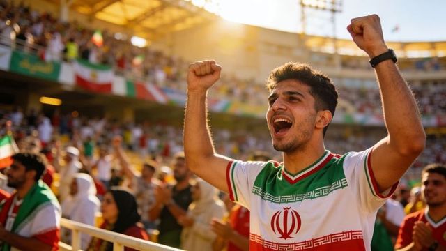 Iranian football fan cheering with raised fists in sunlit stadium crowd