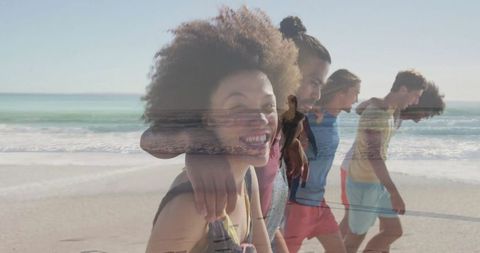 Friends Enjoying a Beachside Stroll on a Sunny Day