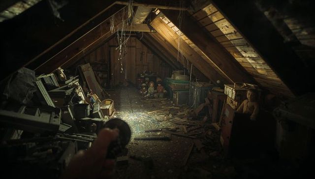 Abandoned attic with dusty vintage dolls and storage items